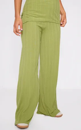 Olive Ribbed Low Rise Wide Leg Pants