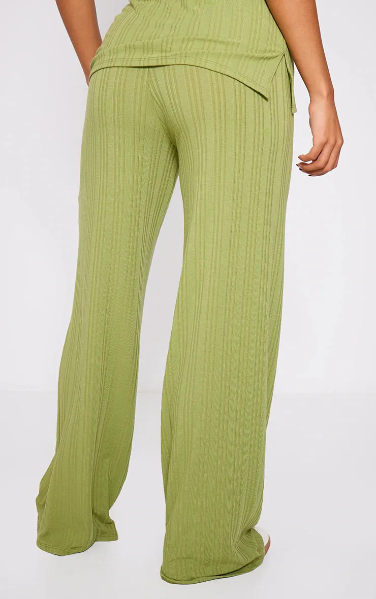 Olive Ribbed Low Rise Wide Leg Pants