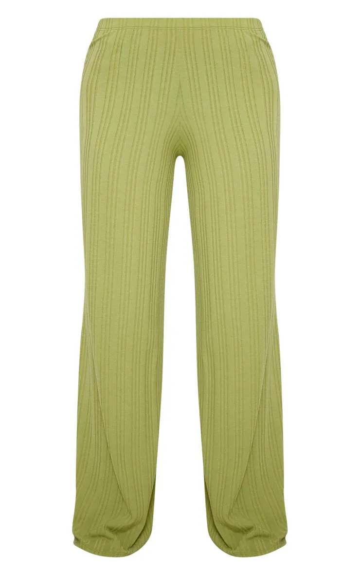 Olive Ribbed Low Rise Wide Leg Pants