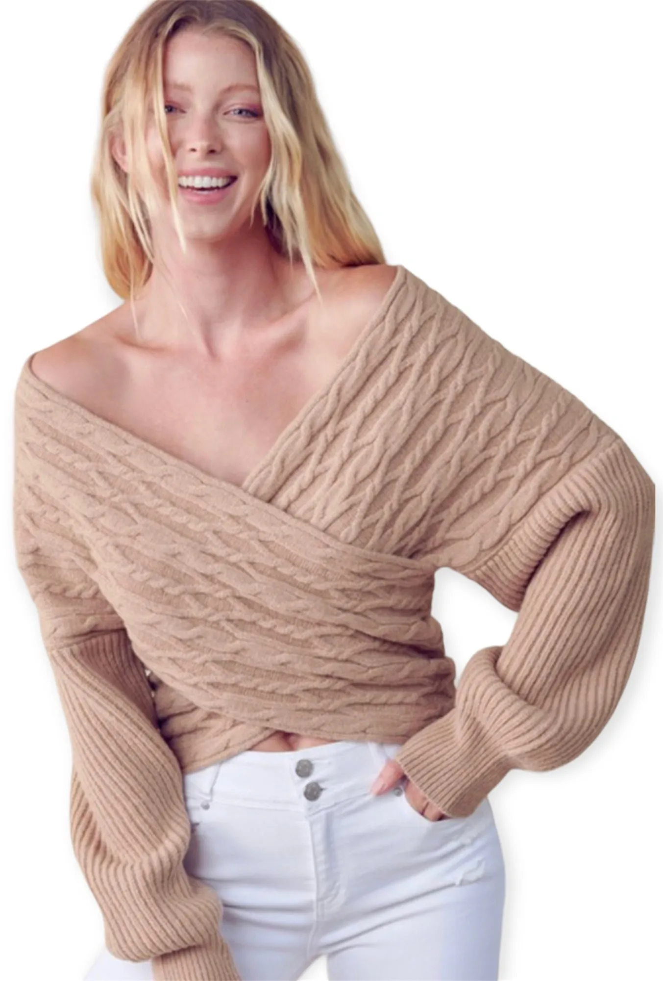 Olivia’s Crossover Knit Sweater- Taupe