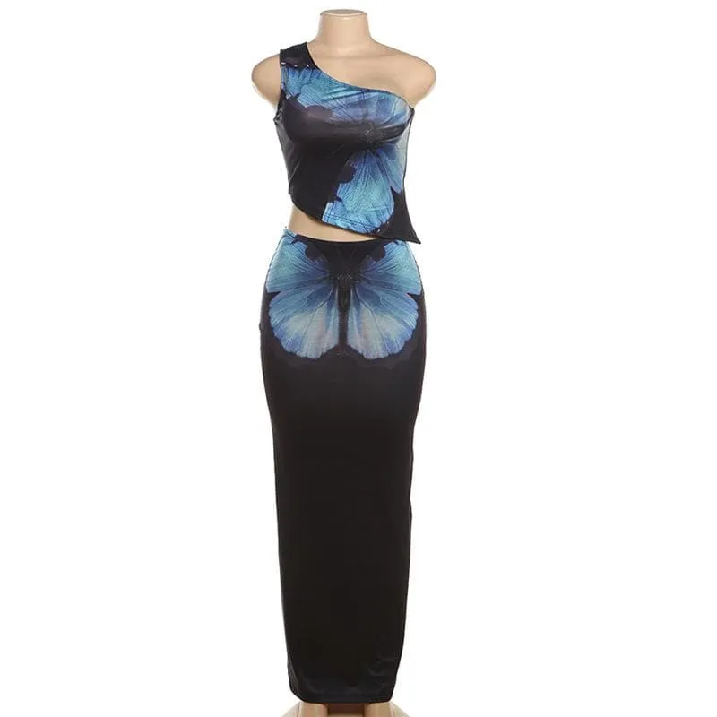 One shoulder butterfly print maxi skirt set