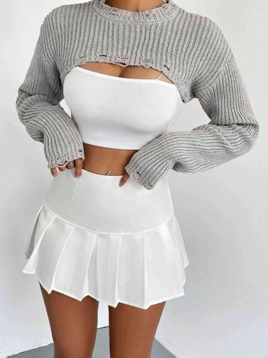 Open Front Drop Shoulder Distressed Long Sleeve Cropped Sweater - Gray