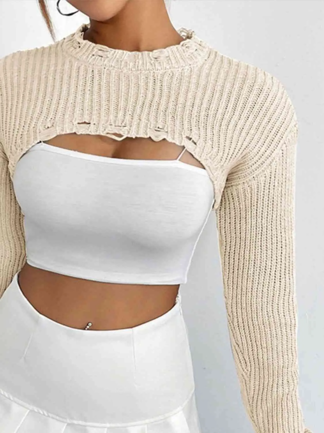 Open Front Drop Shoulder Distressed Long Sleeve Cropped Sweater - Gray