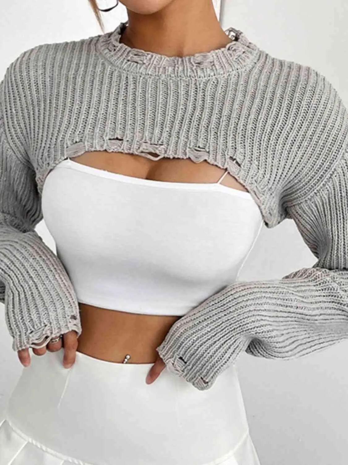 Open Front Drop Shoulder Distressed Long Sleeve Cropped Sweater - Gray