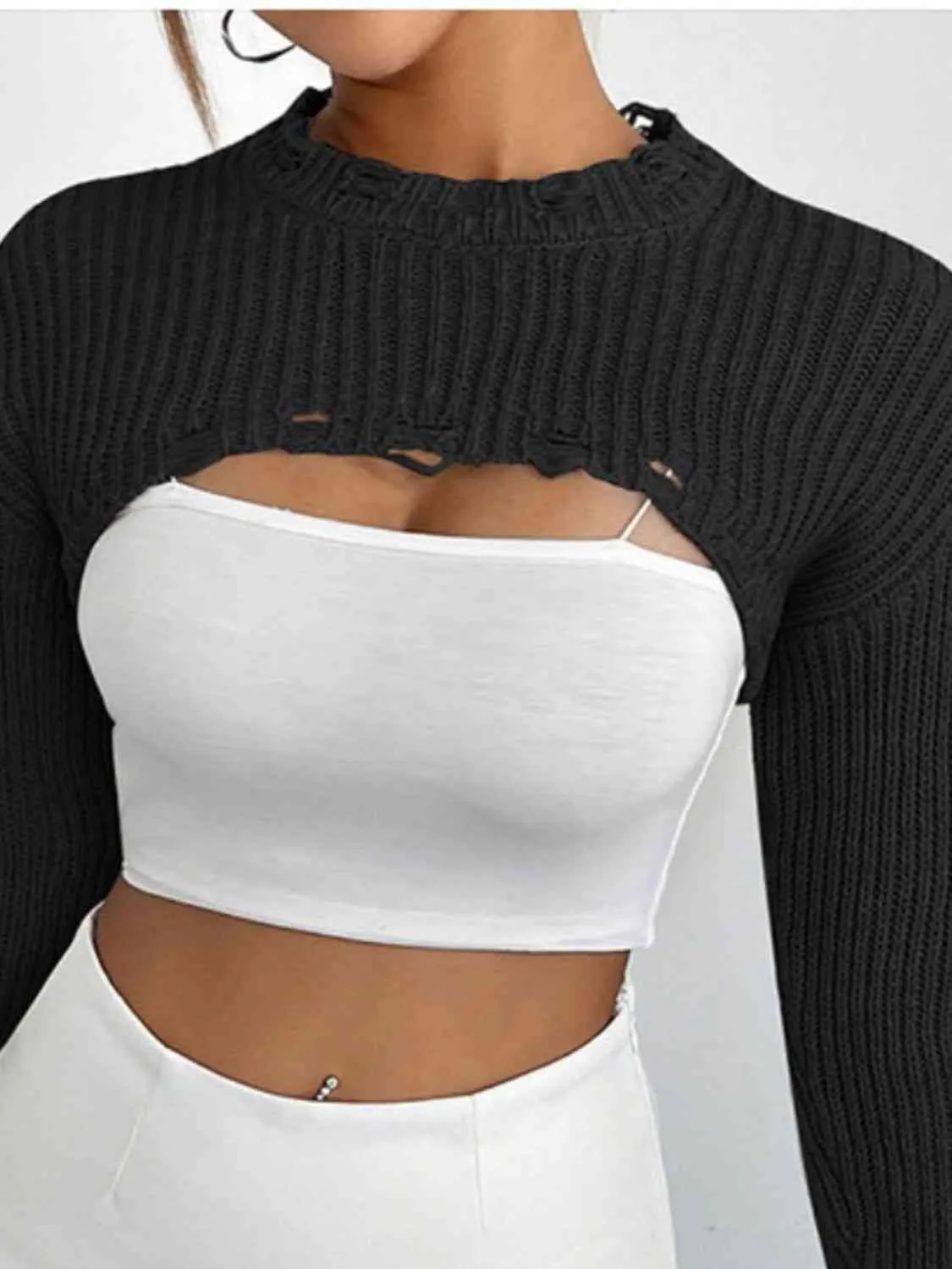 Open Front Drop Shoulder Distressed Long Sleeve Cropped Sweater - Gray