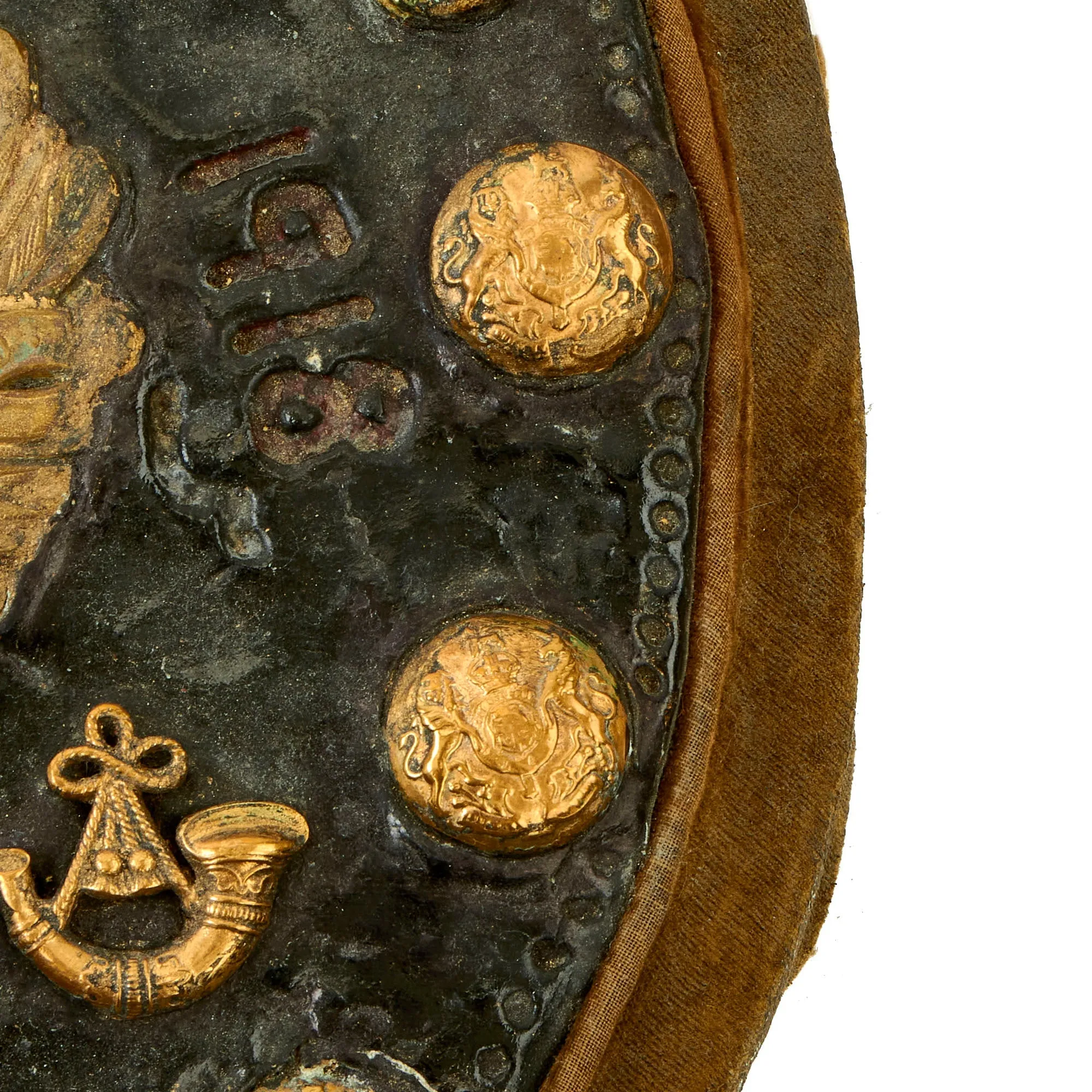 Original British WWI Era Heart Shaped Trench Art For The Durham Light Infantry With Buttons, Insignia and Imperial German Prussian Wappen Pickelhaube Plate