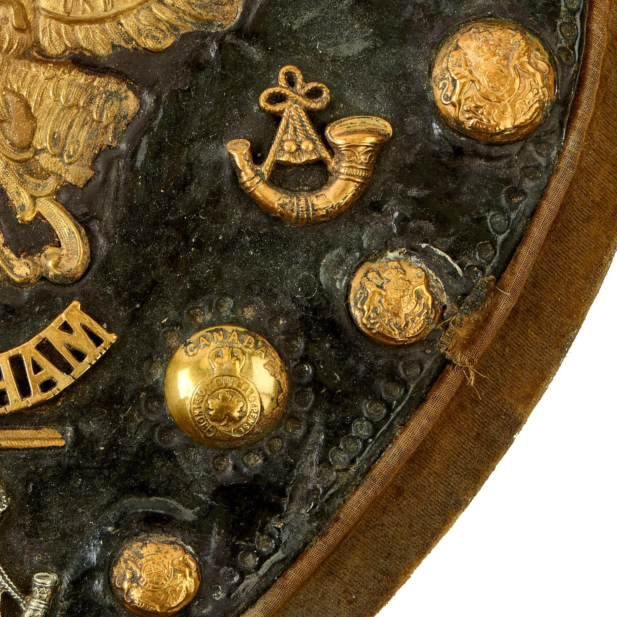 Original British WWI Era Heart Shaped Trench Art For The Durham Light Infantry With Buttons, Insignia and Imperial German Prussian Wappen Pickelhaube Plate