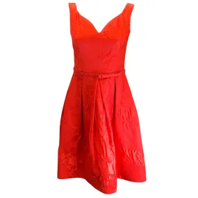 Oscar de la Renta Red Belted Sleeveless Flared Silk Damask Brocade Dress