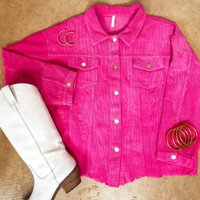 Out For A Drive Button Up Corduroy Shacket in Hot Pink