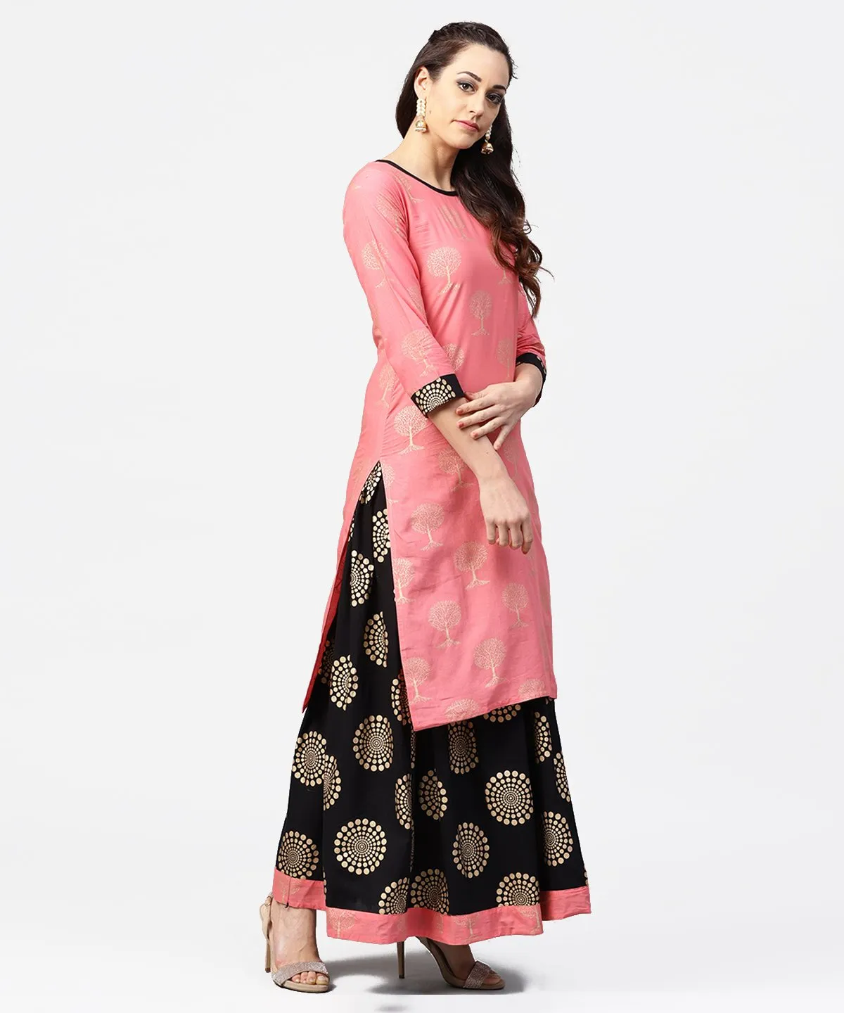 Peach 3/4Th Sleeve Cotton Printed Kurta With Black Printed Ankle Length Skirt