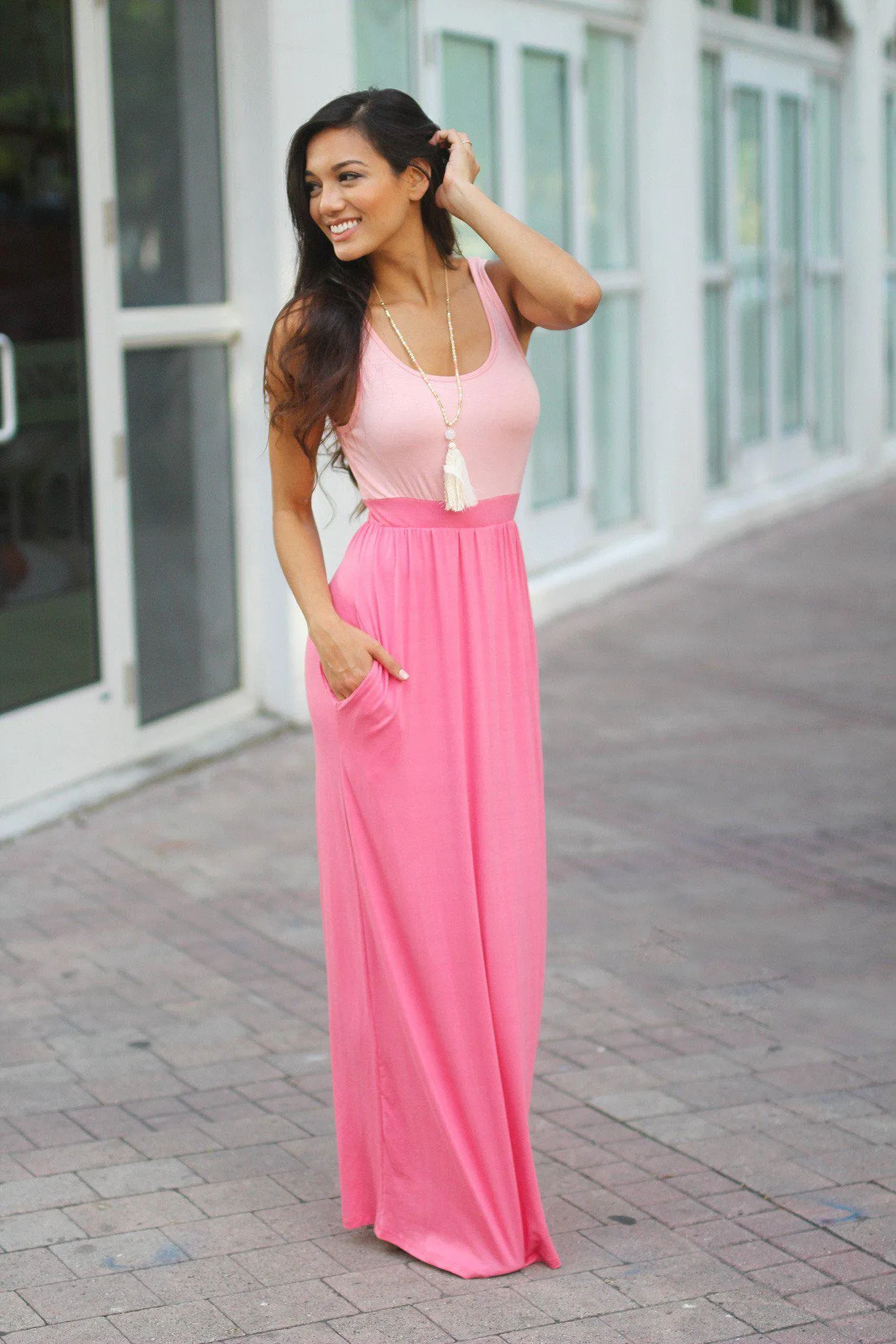 Peach and Coral Maxi Dress with Pockets