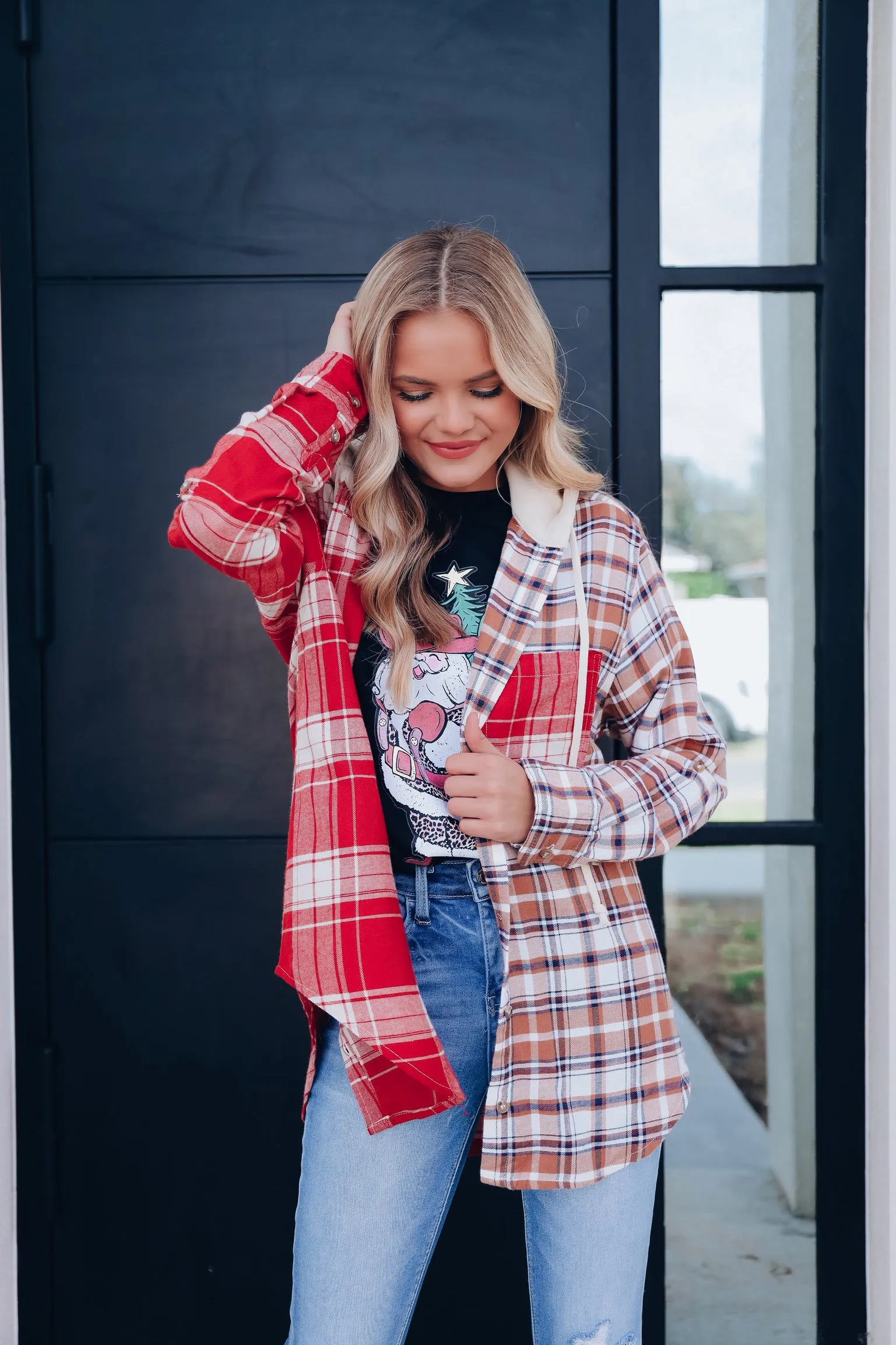 Percy Plaid Hooded Shacket - Red