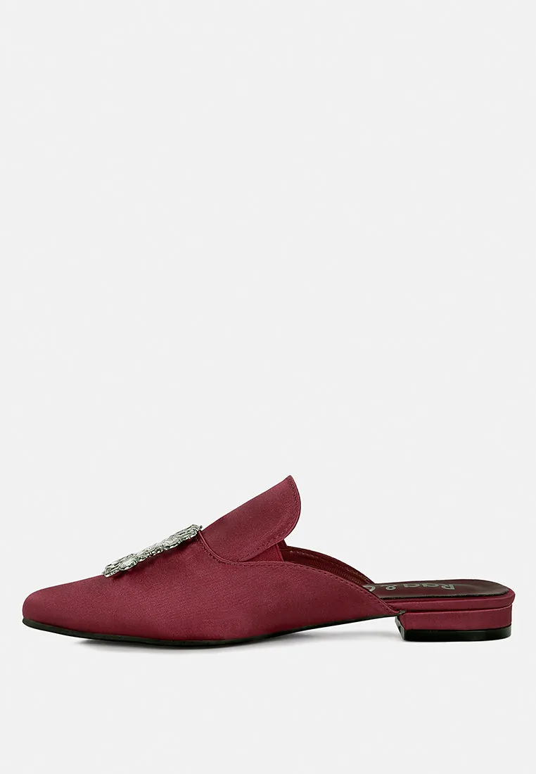 PERRINE Diamante Brooch Slip On Mules in Burgundy