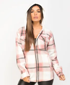 Pink Fleece Hooded Zipper Check Shirt Shacket