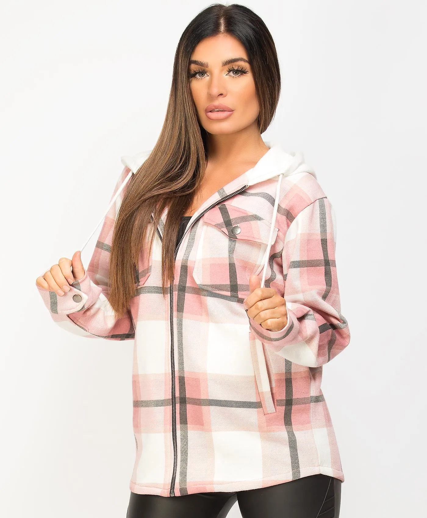 Pink Fleece Hooded Zipper Check Shirt Shacket