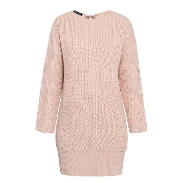 Pink Knitted Oversize Sweater Slit Short Knitted Backless Sexy Dress