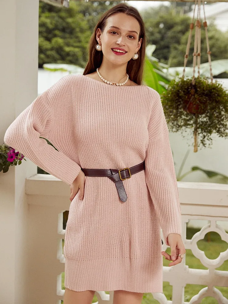 Pink Knitted Oversize Sweater Slit Short Knitted Backless Sexy Dress