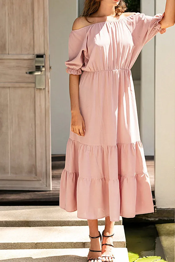 Pink Off-the-shoulder Ruffled Maxi Dress