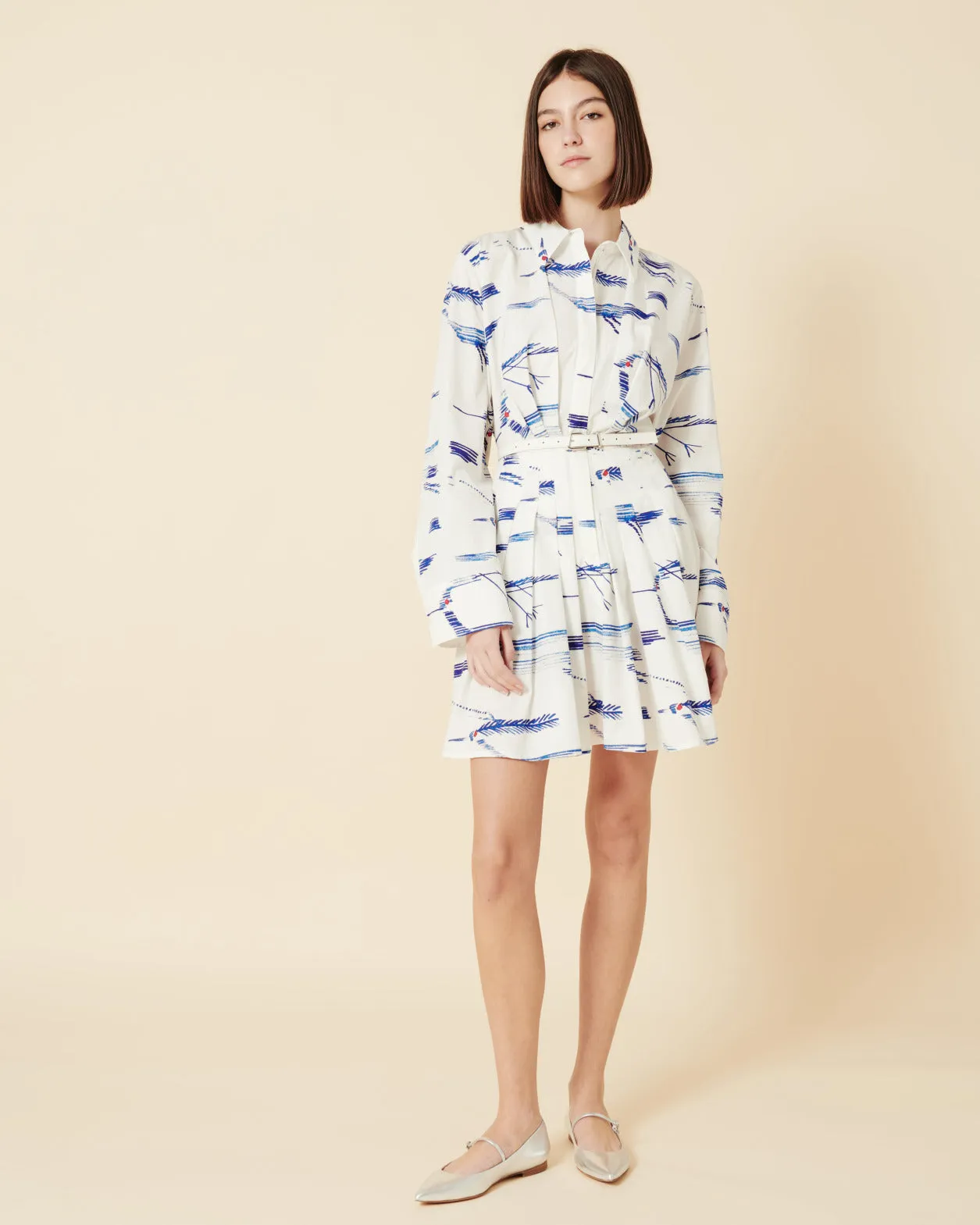 Pleated Cotton Shirt Dress with Kasuri Birds Print