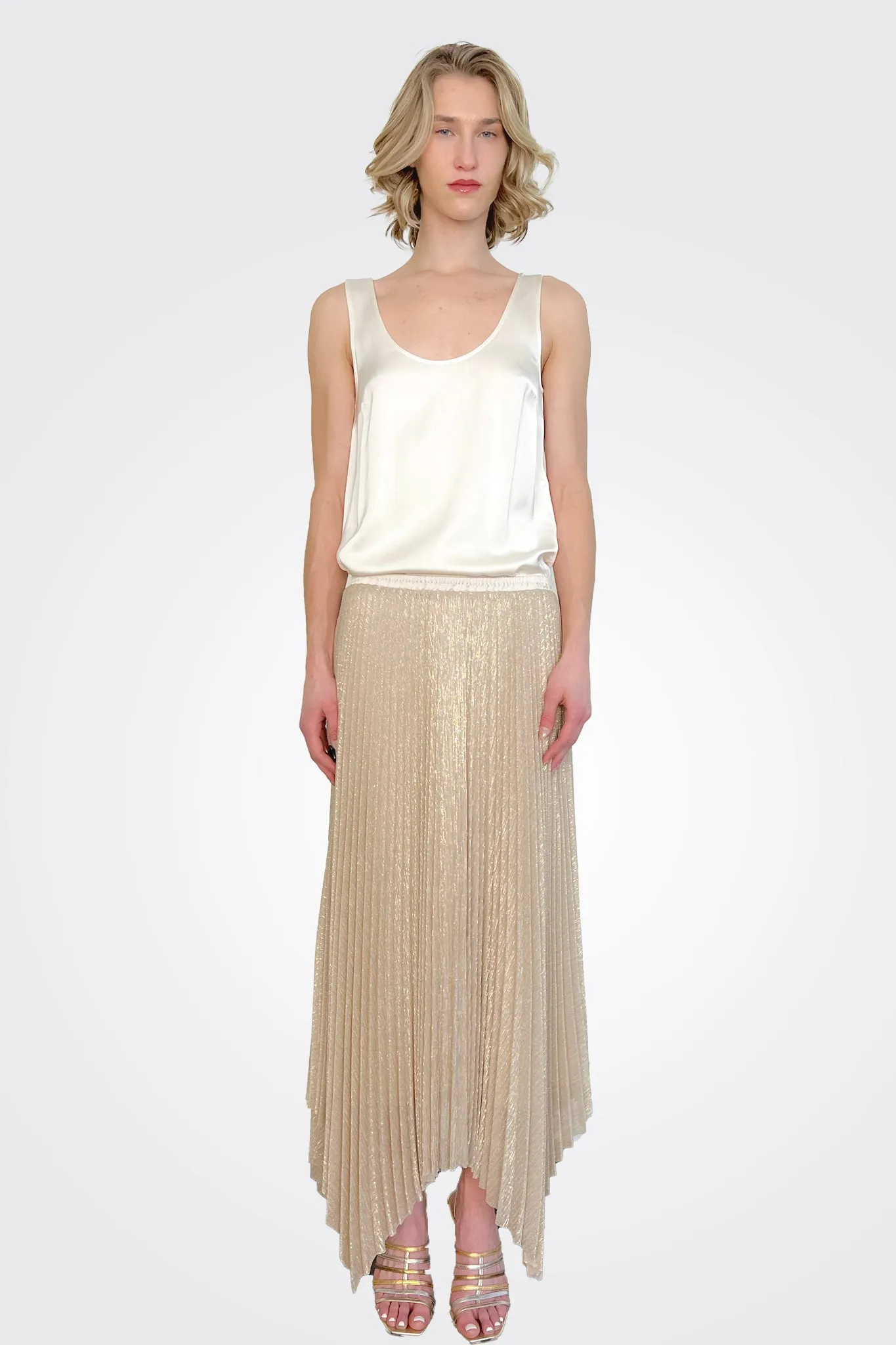 Pleated Lurex Asymmetrical Skirt - Beige