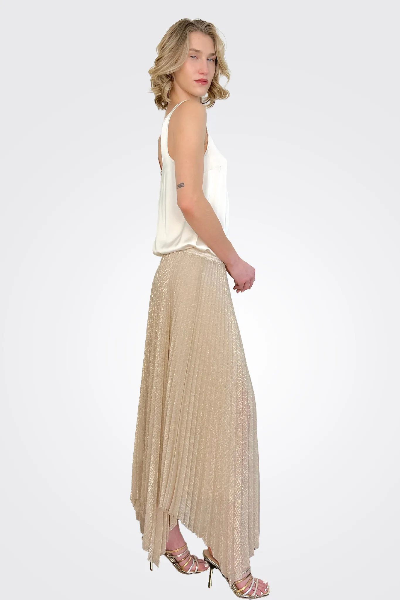 Pleated Lurex Asymmetrical Skirt - Beige