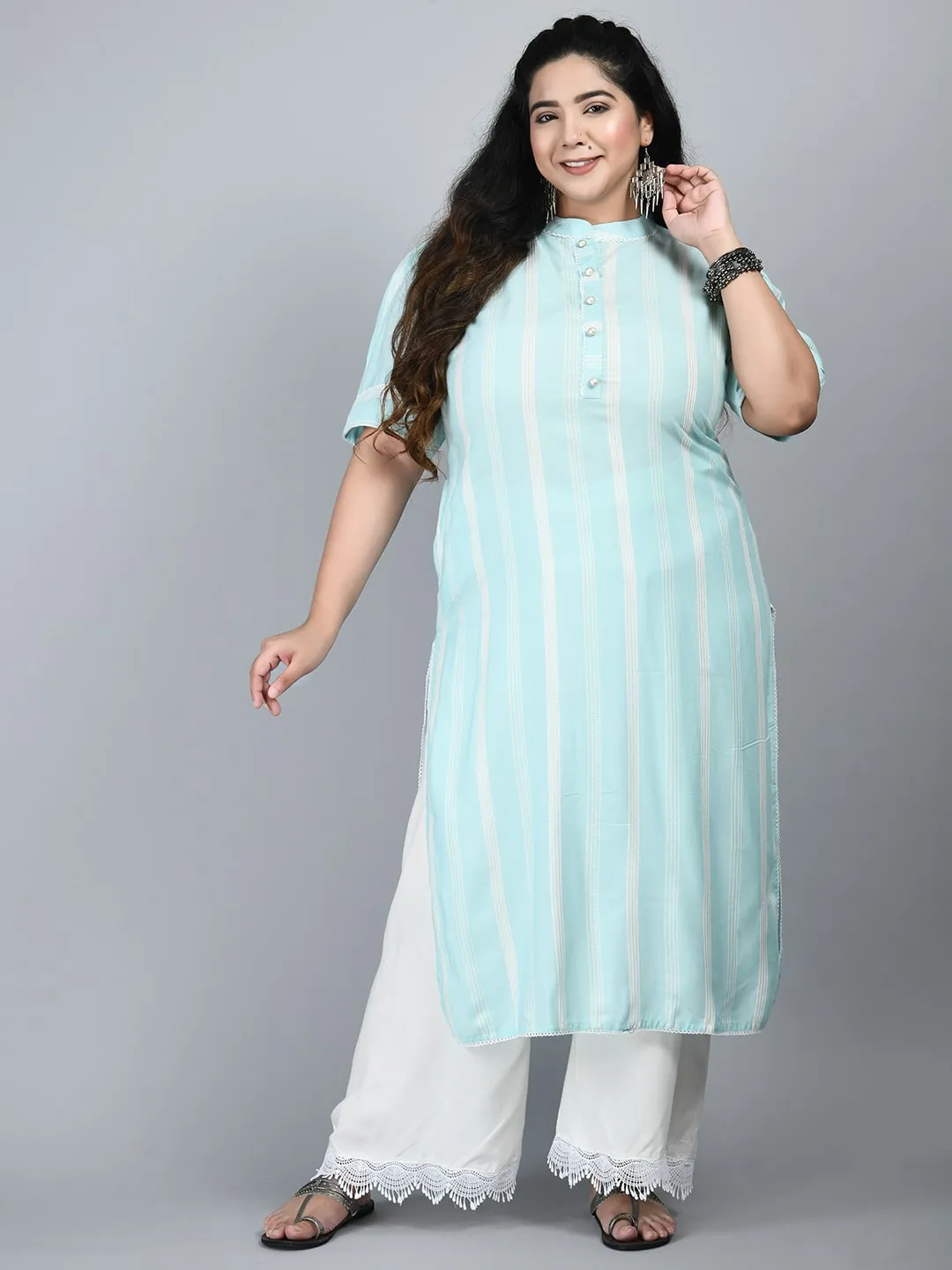 Plus Size Plus Size Striped Sea Green Kurta