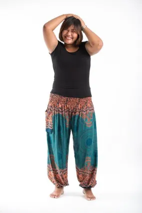 Plus Size Unisex Geometric Mandalas Harem Pants in Turquoise