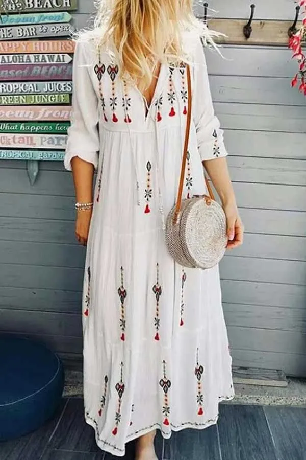 Printed V-neck String Maxi Dress