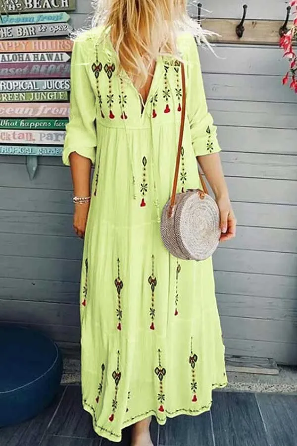 Printed V-neck String Maxi Dress