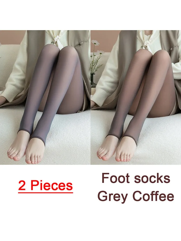 Purpdrank - 1/2pcs Translucent Wool Pants Sock Winter Stocking Fake Pantyhose Women's Thermal Pants Fleece Lined Warm Legging Tights