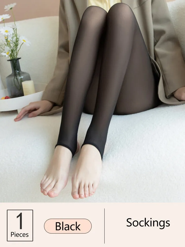 Purpdrank - 1/2pcs Translucent Wool Pants Sock Winter Stocking Fake Pantyhose Women's Thermal Pants Fleece Lined Warm Legging Tights