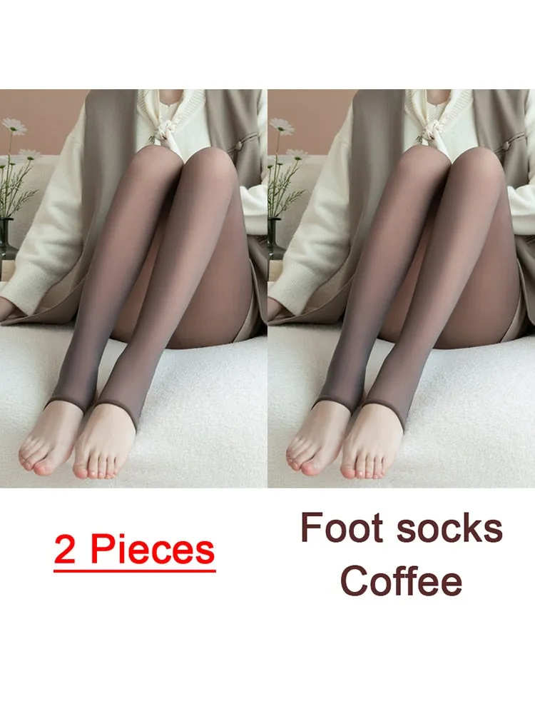 Purpdrank - 1/2pcs Translucent Wool Pants Sock Winter Stocking Fake Pantyhose Women's Thermal Pants Fleece Lined Warm Legging Tights