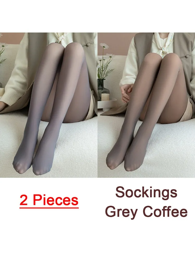 Purpdrank - 1/2pcs Translucent Wool Pants Sock Winter Stocking Fake Pantyhose Women's Thermal Pants Fleece Lined Warm Legging Tights