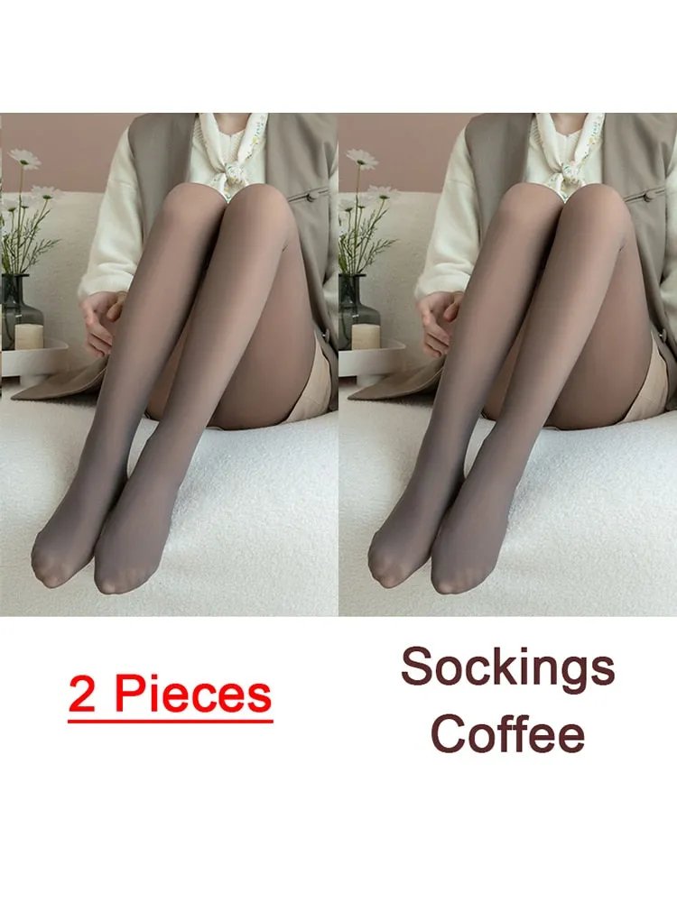 Purpdrank - 1/2pcs Translucent Wool Pants Sock Winter Stocking Fake Pantyhose Women's Thermal Pants Fleece Lined Warm Legging Tights