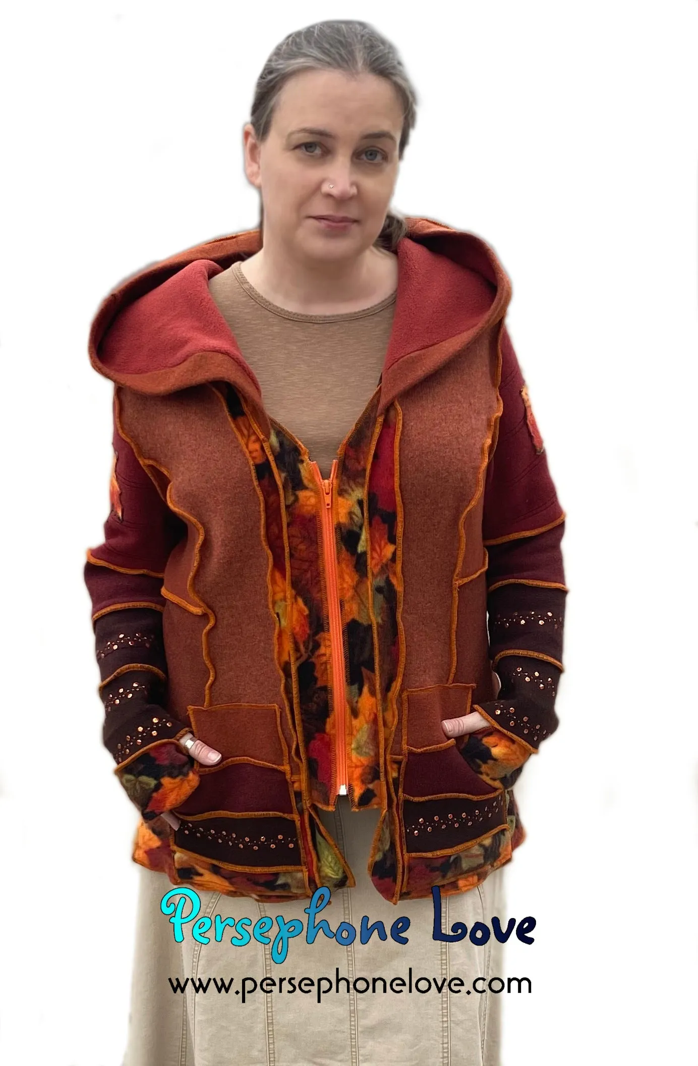 "Sparks" Katwise style embroidered/felted/sequins 100% cashmere patchwork hoodie-2547