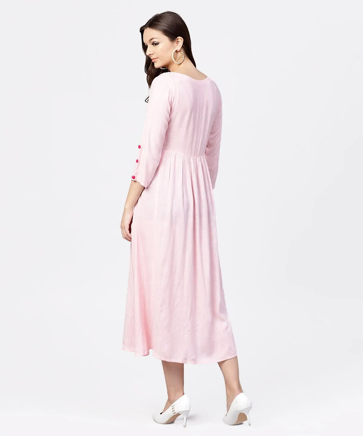 Rayon Pink Embroidered Full Sleeves Pleated Maxi Dress