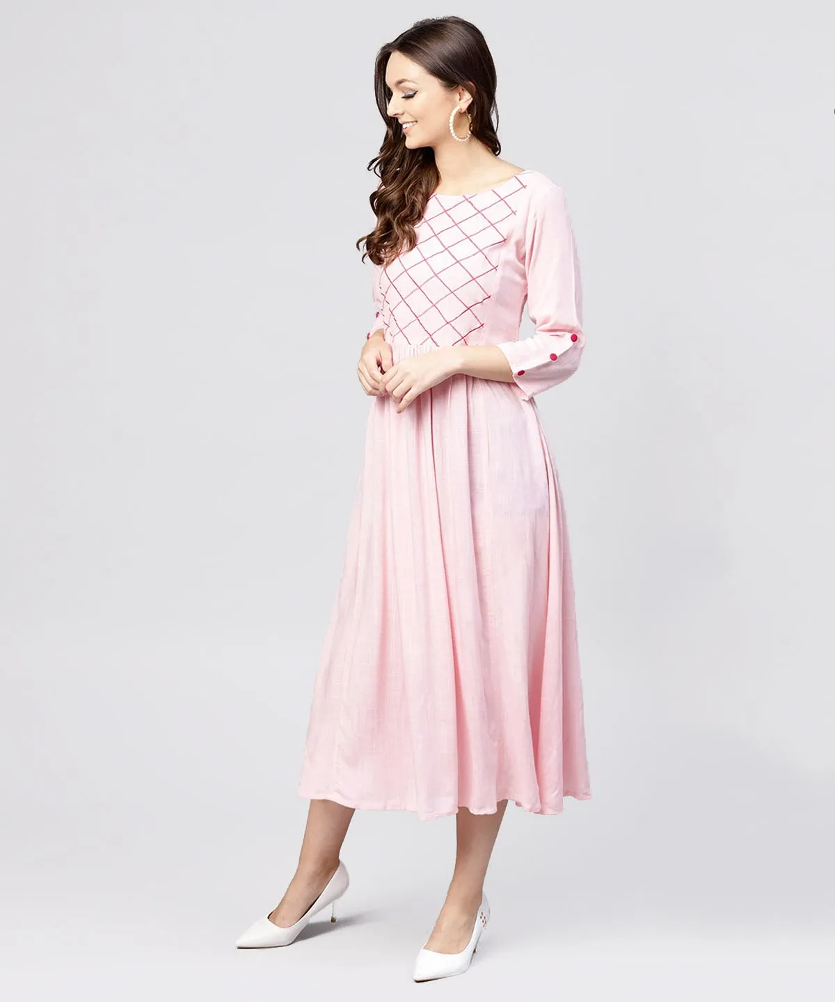 Rayon Pink Embroidered Full Sleeves Pleated Maxi Dress