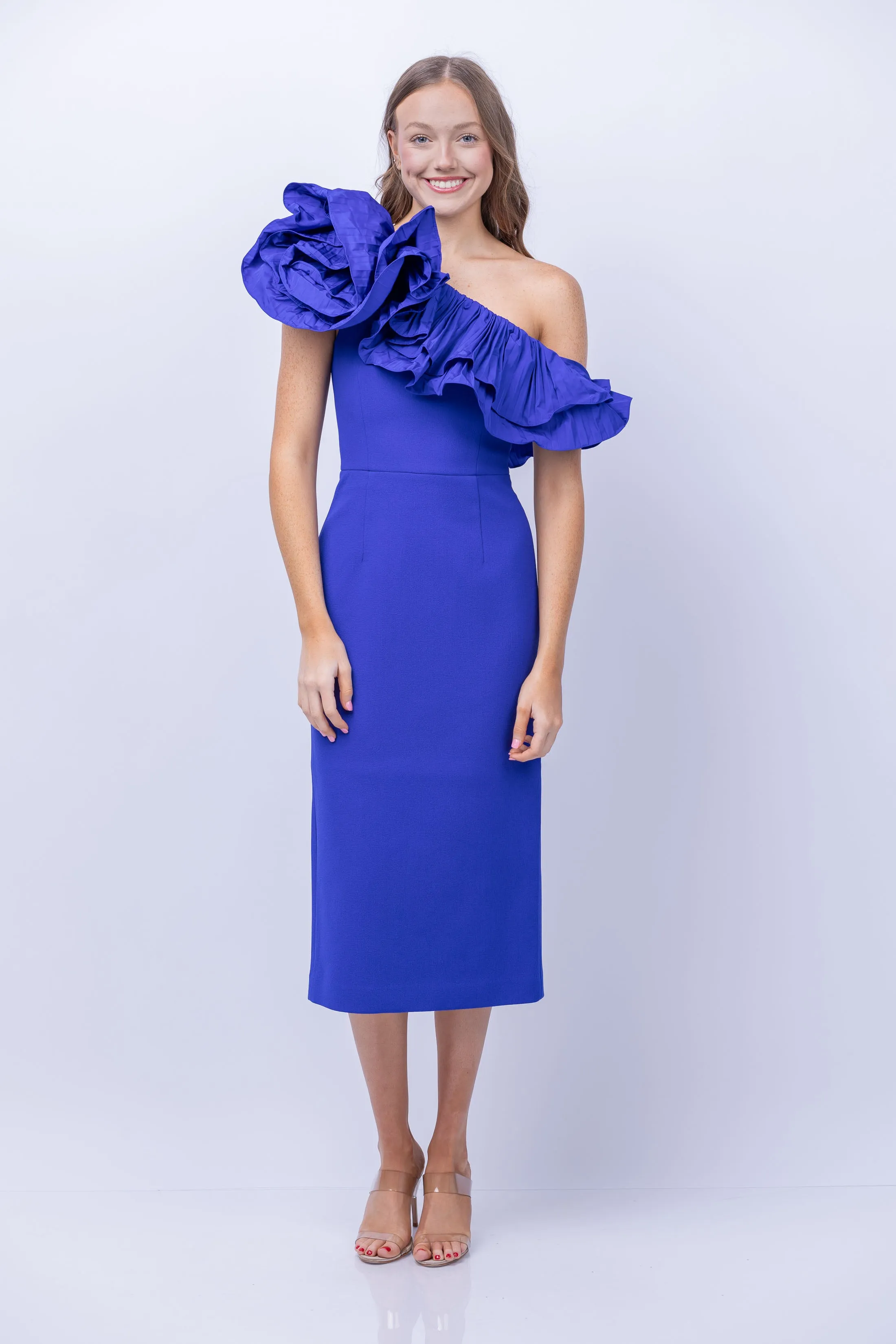 Rebecca Vallance Cora One Shoulder Midi Dress in Cobalt