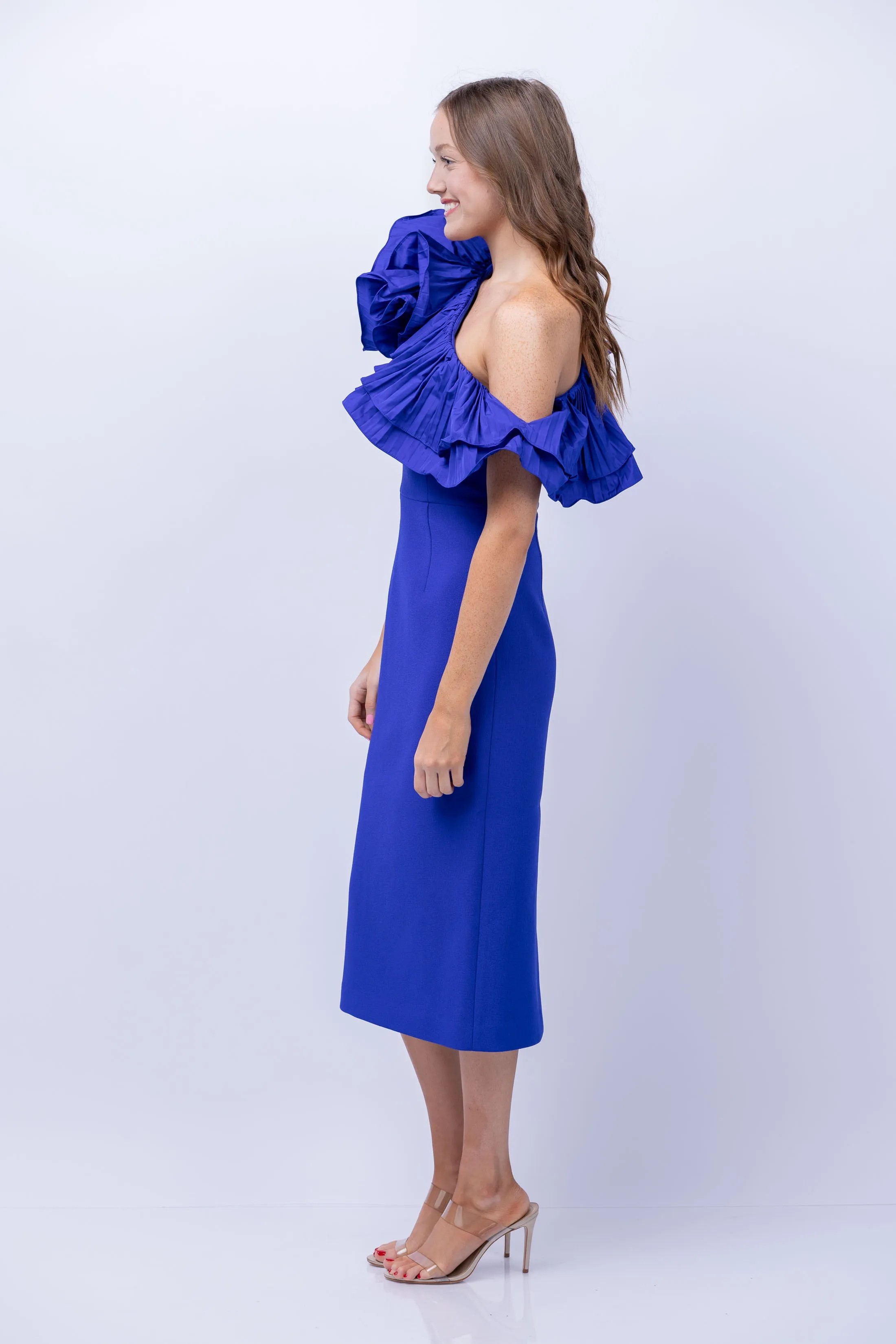 Rebecca Vallance Cora One Shoulder Midi Dress in Cobalt