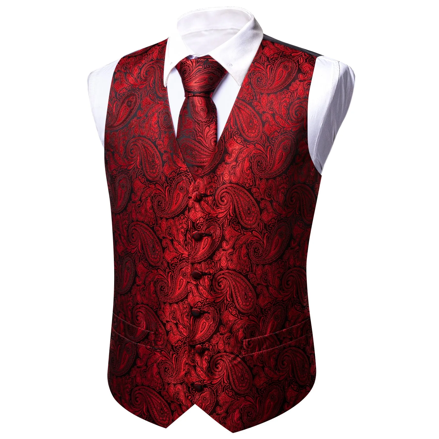 Red Paisley Silk Men Vest Hanky Cufflinks Tie Set