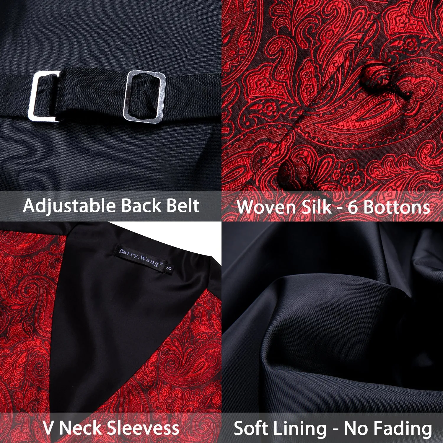 Red Paisley Silk Men Vest Hanky Cufflinks Tie Set