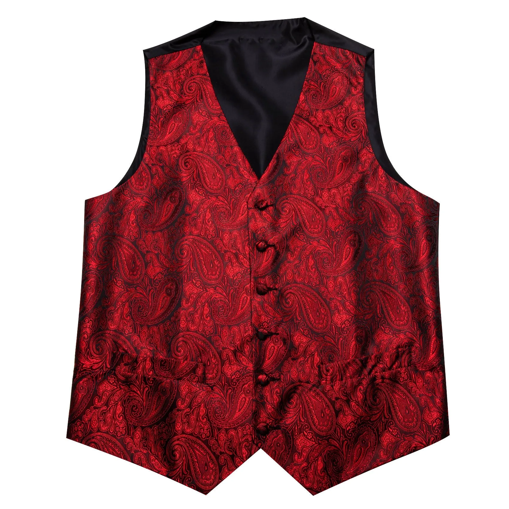 Red Paisley Silk Men Vest Hanky Cufflinks Tie Set