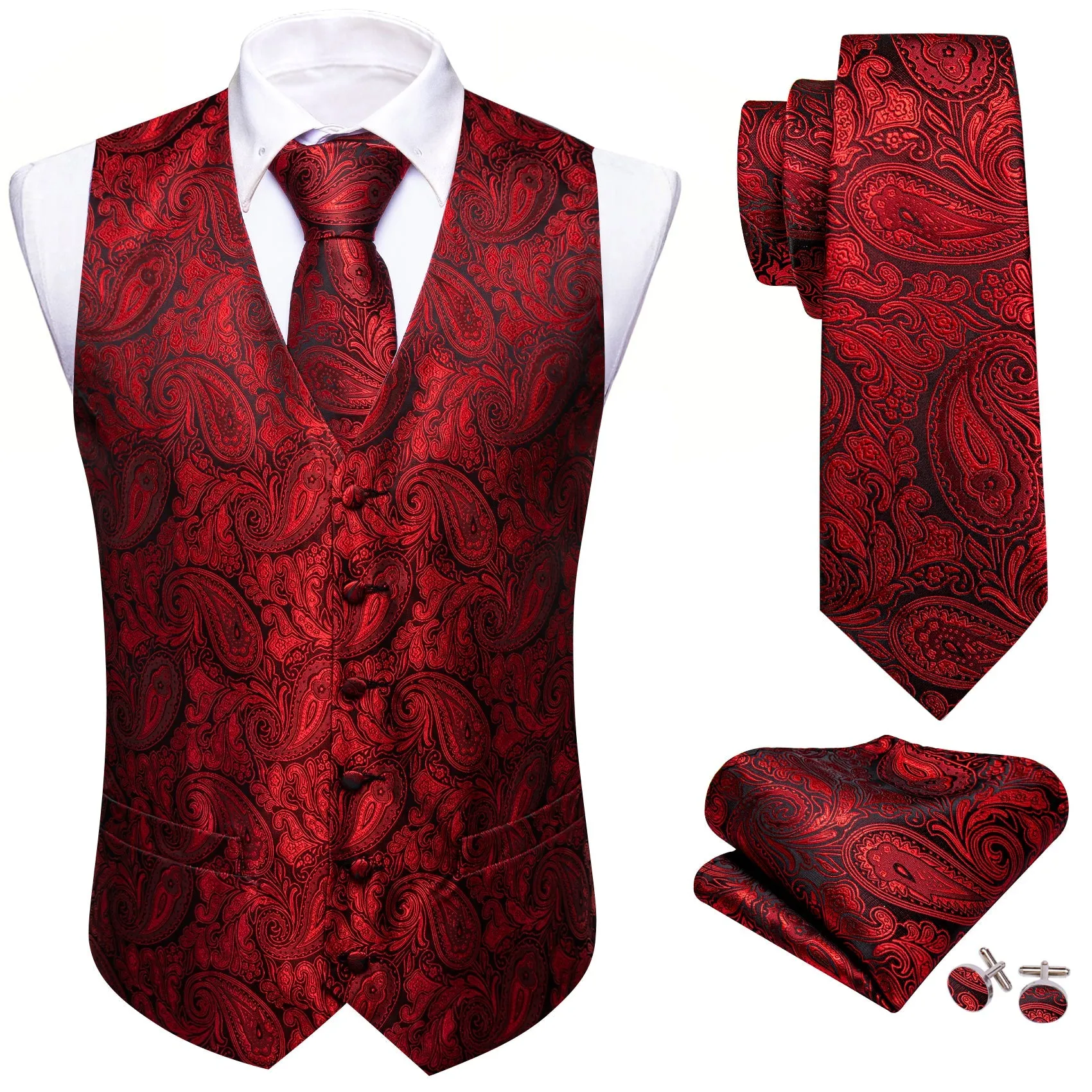 Red Paisley Silk Men Vest Hanky Cufflinks Tie Set