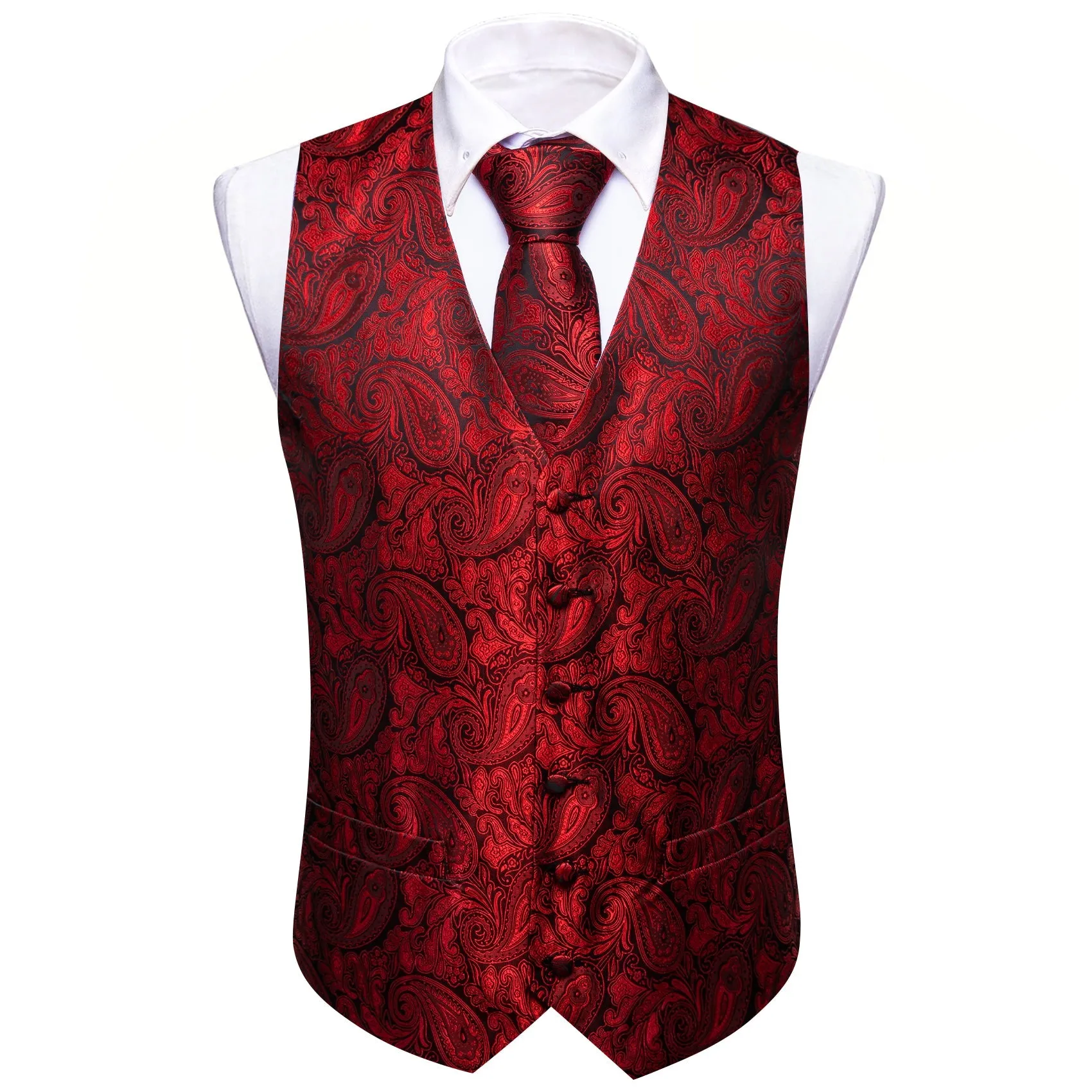 Red Paisley Silk Men Vest Hanky Cufflinks Tie Set