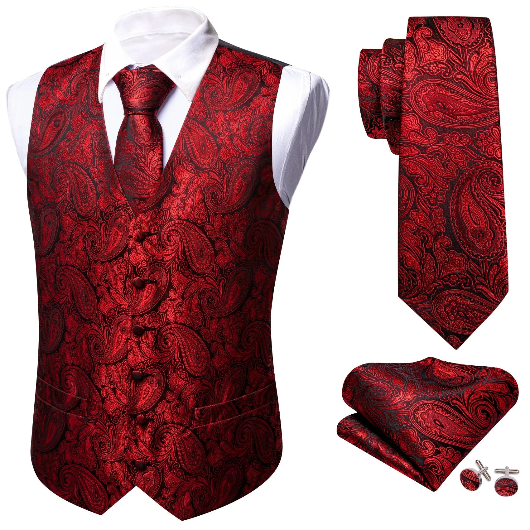 Red Paisley Silk Men Vest Hanky Cufflinks Tie Set