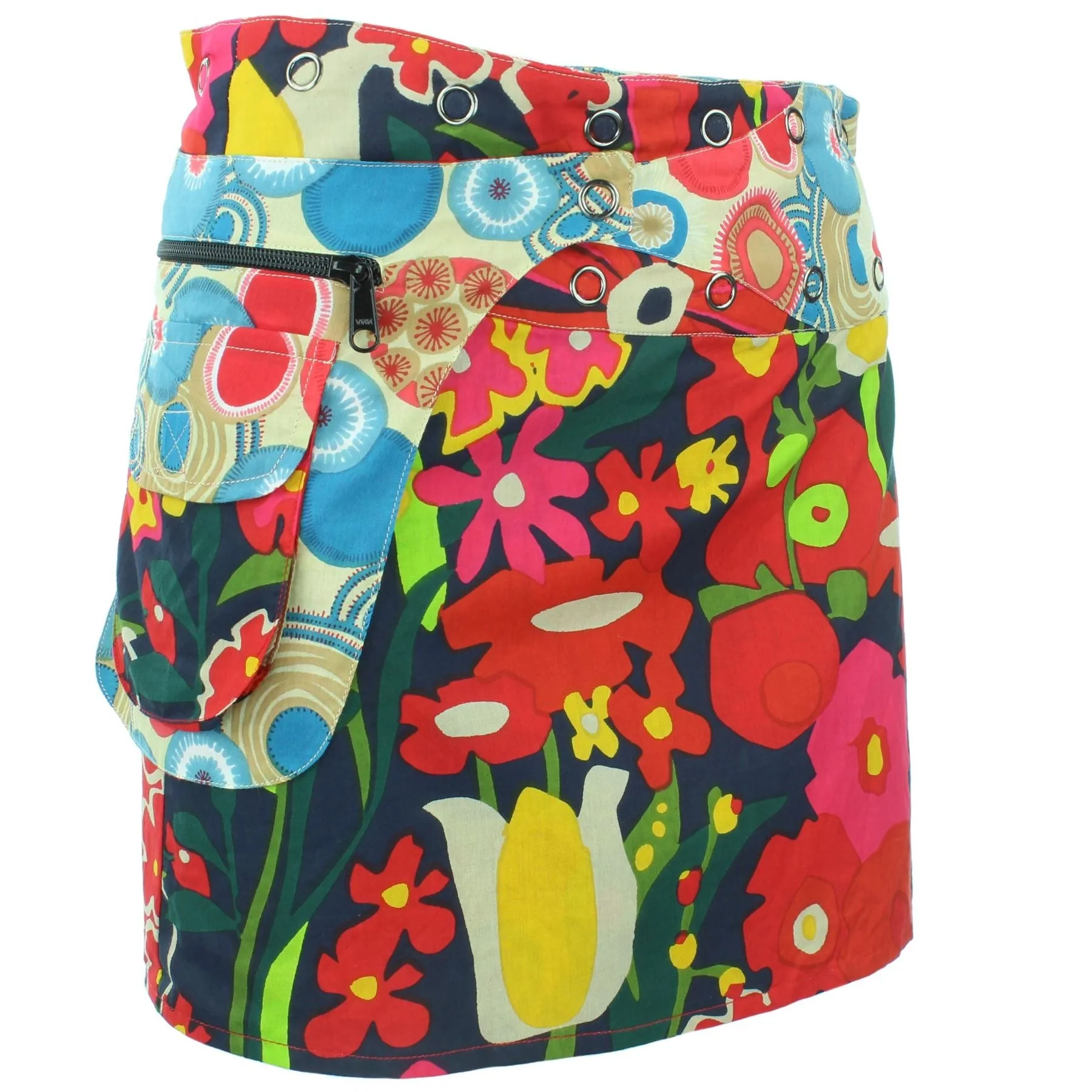 Reversible Popper Wrap Mini Skirt - Abstract Floral / Swirls & Spheres