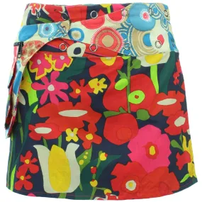 Reversible Popper Wrap Mini Skirt - Abstract Floral / Swirls & Spheres