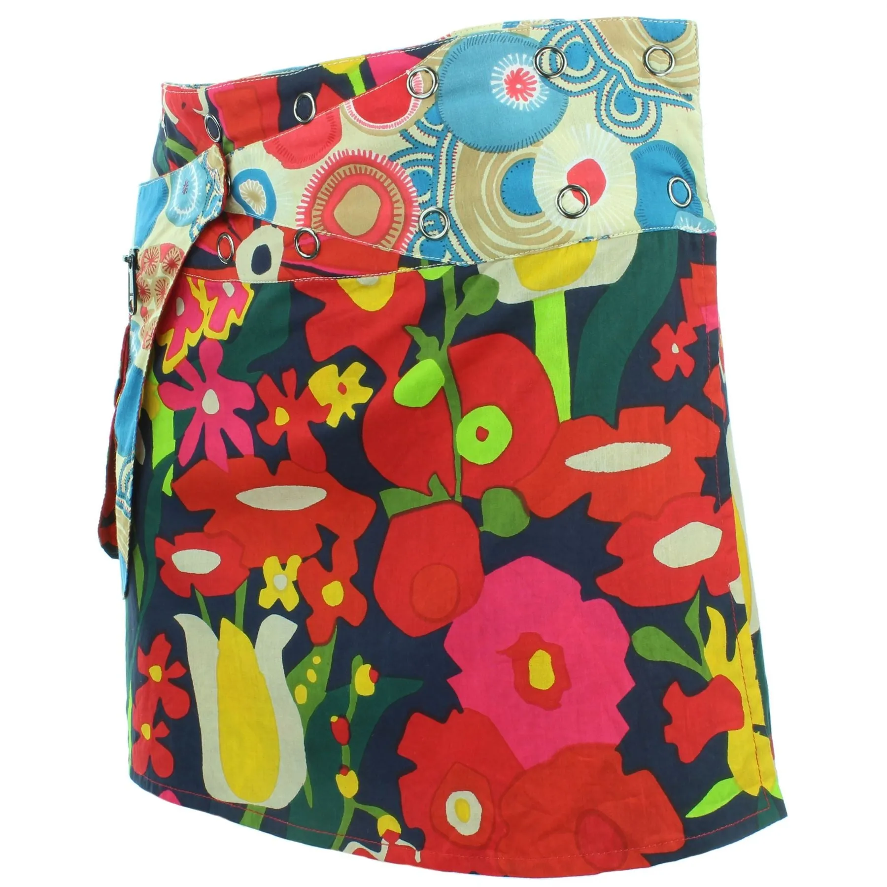 Reversible Popper Wrap Mini Skirt - Abstract Floral / Swirls & Spheres