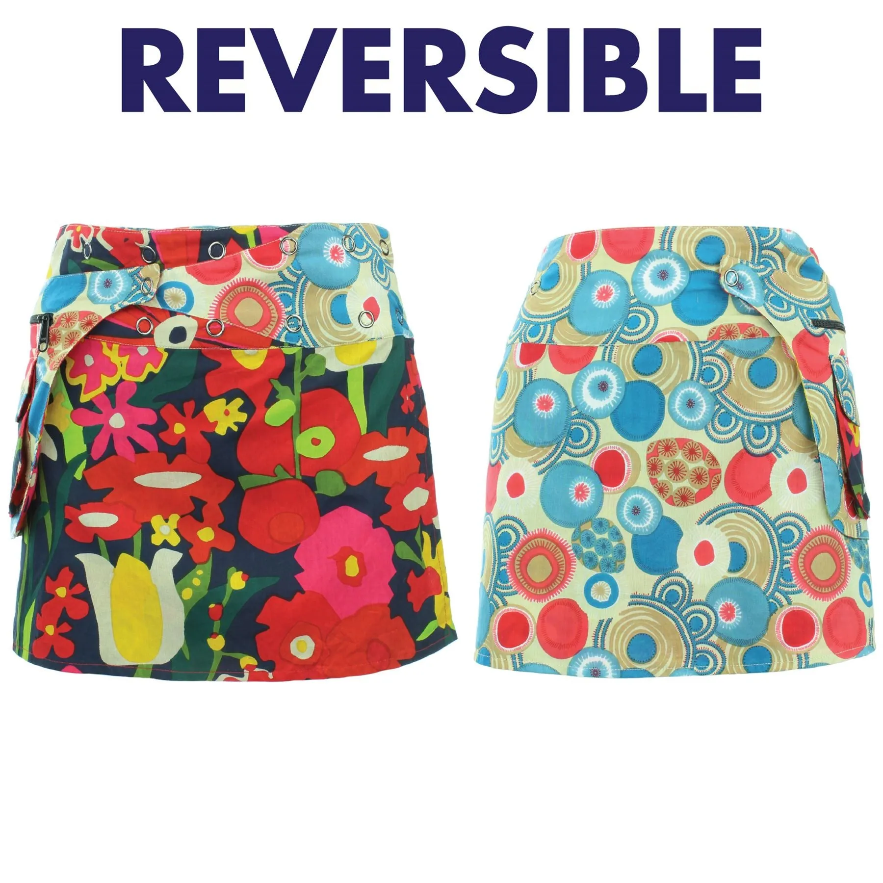 Reversible Popper Wrap Mini Skirt - Abstract Floral / Swirls & Spheres