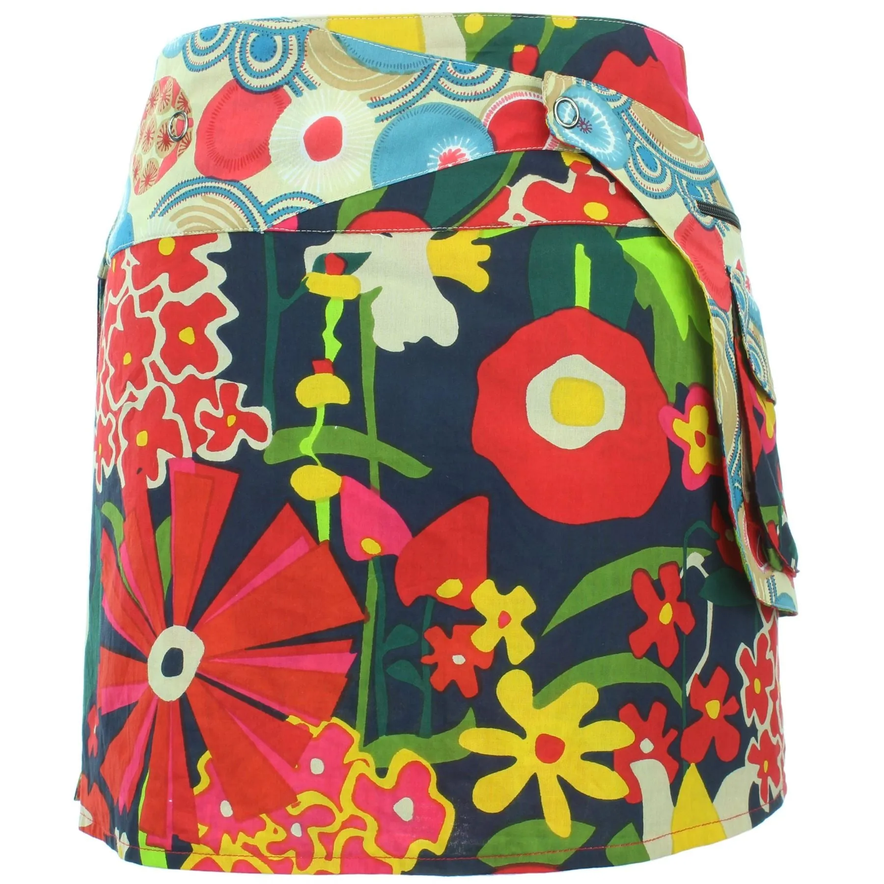 Reversible Popper Wrap Mini Skirt - Abstract Floral / Swirls & Spheres